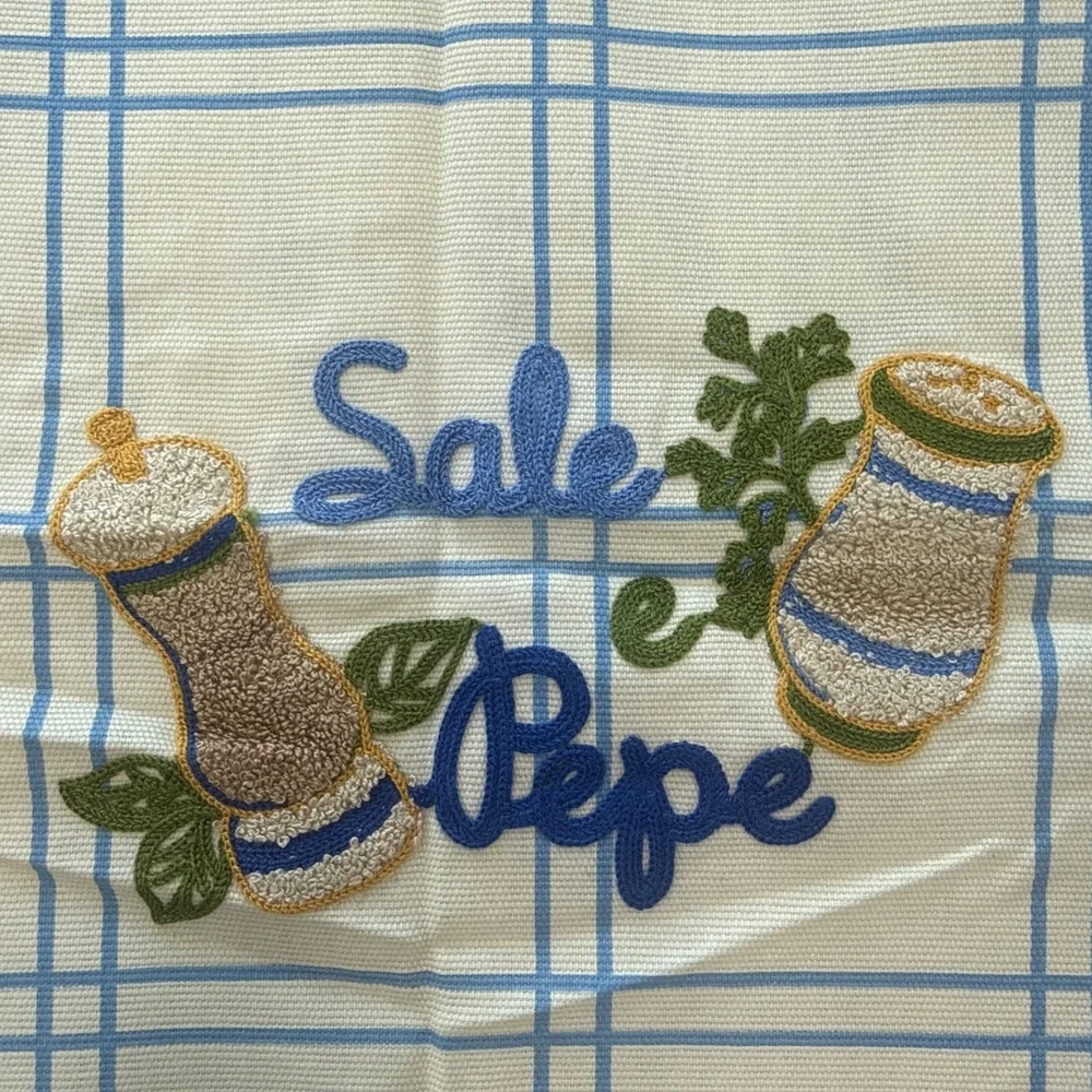 Vintage Italian Tablecloth Embroidered Salt Pepper Plaid 100% Cotton 56x93 Italy